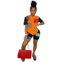 HAOYUAN Sexy Bandana Patchwork Two Piece Set T Shirt Top Biker Shorts for Women Summer Vacation Outfits Loungewear Matching Sets