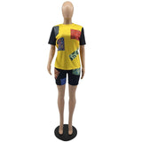 HAOYUAN Sexy Bandana Patchwork Two Piece Set T Shirt Top Biker Shorts for Women Summer Vacation Outfits Loungewear Matching Sets