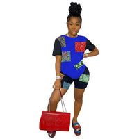 HAOYUAN Sexy Bandana Patchwork Two Piece Set T Shirt Top Biker Shorts for Women Summer Vacation Outfits Loungewear Matching Sets