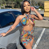 ANJAMANOR Sexy Print Summer Dress 2021 Club Outfits for Women Cut Out Cross Halter Backless Mini Bodycon Dresses D7-CA15