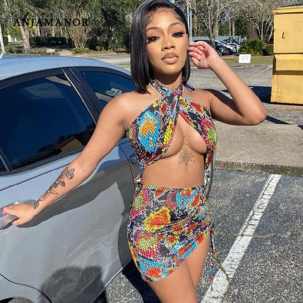 ANJAMANOR Sexy Print Summer Dress 2021 Club Outfits for Women Cut Out Cross Halter Backless Mini Bodycon Dresses D7-CA15