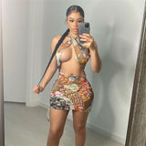 ANJAMANOR Sexy Print Summer Dress 2021 Club Outfits for Women Cut Out Cross Halter Backless Mini Bodycon Dresses D7-CA15