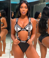 Hollow Out Summer Letter Print Bandage Rompers Bikini 2 Pieces Sets Women Jumpsuit Boho Sexy Skinny Bodysuits Overalls Swimwear