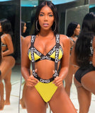 Hollow Out Summer Letter Print Bandage Rompers Bikini 2 Pieces Sets Women Jumpsuit Boho Sexy Skinny Bodysuits Overalls Swimwear