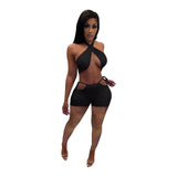 Solid Fitness Tracksuit Matching Women Two Piece Short Sets Halter Neck Open Back Crop Top and Biker Shorts Summer Beach Outfits