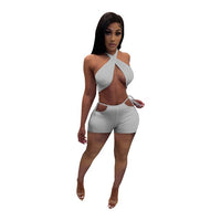 Solid Fitness Tracksuit Matching Women Two Piece Short Sets Halter Neck Open Back Crop Top and Biker Shorts Summer Beach Outfits
