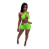 Solid Fitness Tracksuit Matching Women Two Piece Short Sets Halter Neck Open Back Crop Top and Biker Shorts Summer Beach Outfits