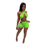 Solid Fitness Tracksuit Matching Women Two Piece Short Sets Halter Neck Open Back Crop Top and Biker Shorts Summer Beach Outfits