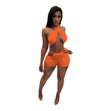 Solid Fitness Tracksuit Matching Women Two Piece Short Sets Halter Neck Open Back Crop Top and Biker Shorts Summer Beach Outfits