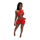 Solid Fitness Tracksuit Matching Women Two Piece Short Sets Halter Neck Open Back Crop Top and Biker Shorts Summer Beach Outfits