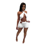 Solid Fitness Tracksuit Matching Women Two Piece Short Sets Halter Neck Open Back Crop Top and Biker Shorts Summer Beach Outfits
