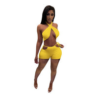 Solid Fitness Tracksuit Matching Women Two Piece Short Sets Halter Neck Open Back Crop Top and Biker Shorts Summer Beach Outfits
