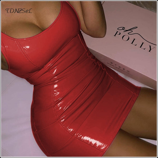Sexy PU Patent Leather Sheath Tank Dress Women Short Mini Low Cut Slim PVC Latex Nightclub Dresses Bodycon Package Hip Summer
