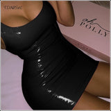 Sexy PU Patent Leather Sheath Tank Dress Women Short Mini Low Cut Slim PVC Latex Nightclub Dresses Bodycon Package Hip Summer
