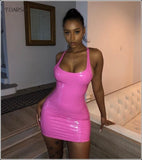 Sexy PU Patent Leather Sheath Tank Dress Women Short Mini Low Cut Slim PVC Latex Nightclub Dresses Bodycon Package Hip Summer