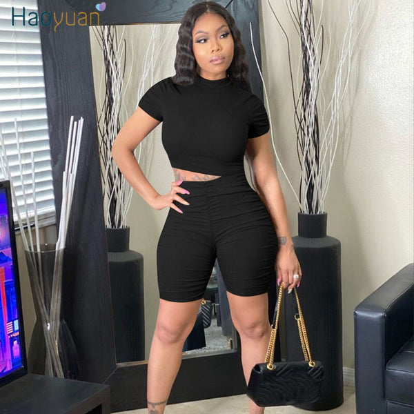 HAOYUAN Two Piece Set Summer Clothes for Women Tracksuit Short Sleeve Crop Top and Biker Shorts Matching Sets Sexy Club Outfits