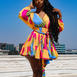 4XL 5XL Plus Size Women's Clothing 2021 Tatting Mini Dress Sexy Multicolor Printing V-neck Full Sleeve Sashes Lace-Up Dresses