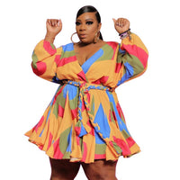 4XL 5XL Plus Size Women's Clothing 2021 Tatting Mini Dress Sexy Multicolor Printing V-neck Full Sleeve Sashes Lace-Up Dresses