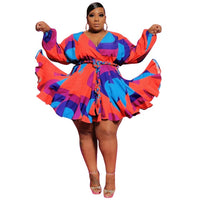 4XL 5XL Plus Size Women's Clothing 2021 Tatting Mini Dress Sexy Multicolor Printing V-neck Full Sleeve Sashes Lace-Up Dresses