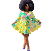4XL 5XL Plus Size Women's Clothing 2021 Tatting Mini Dress Sexy Multicolor Printing V-neck Full Sleeve Sashes Lace-Up Dresses