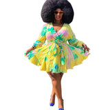 4XL 5XL Plus Size Women's Clothing 2021 Tatting Mini Dress Sexy Multicolor Printing V-neck Full Sleeve Sashes Lace-Up Dresses