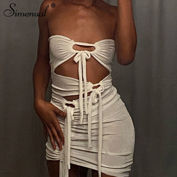 Simenual Tie Up Wrap Chest Cut Out Mini Dresses For Women White Midnight Clubwear Outfits Bodycon Summer Party Dress Fashion Hot