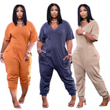 Plus Size Women's Clothing Solid Color Fashion Sexy V Neck Personality Pocket Casual Simple Street Wear Short Sleeved Jumpsuit