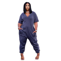 Plus Size Women's Clothing Solid Color Fashion Sexy V Neck Personality Pocket Casual Simple Street Wear Short Sleeved Jumpsuit