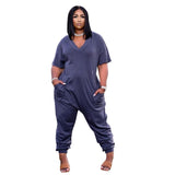 Plus Size Women's Clothing Solid Color Fashion Sexy V Neck Personality Pocket Casual Simple Street Wear Short Sleeved Jumpsuit