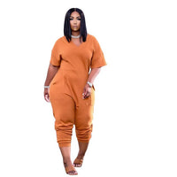 Plus Size Women's Clothing Solid Color Fashion Sexy V Neck Personality Pocket Casual Simple Street Wear Short Sleeved Jumpsuit