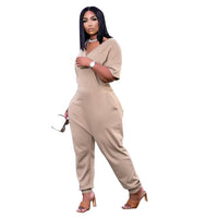 Plus Size Women's Clothing Solid Color Fashion Sexy V Neck Personality Pocket Casual Simple Street Wear Short Sleeved Jumpsuit