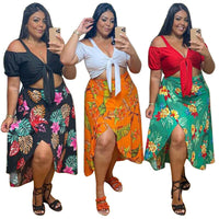 Plus Size Women Clothing Holiday Two Piece Set Skirts Fashion Print Crop Tops Slip Hem Maxi Skirt Suits Wholesale Dropshipping