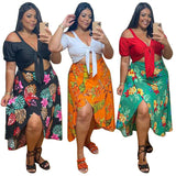 Plus Size Women Clothing Holiday Two Piece Set Skirts Fashion Print Crop Tops Slip Hem Maxi Skirt Suits Wholesale Dropshipping
