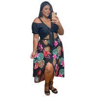 Plus Size Women Clothing Holiday Two Piece Set Skirts Fashion Print Crop Tops Slip Hem Maxi Skirt Suits Wholesale Dropshipping