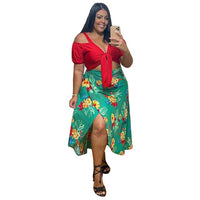 Plus Size Women Clothing Holiday Two Piece Set Skirts Fashion Print Crop Tops Slip Hem Maxi Skirt Suits Wholesale Dropshipping