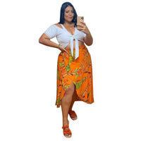Plus Size Women Clothing Holiday Two Piece Set Skirts Fashion Print Crop Tops Slip Hem Maxi Skirt Suits Wholesale Dropshipping