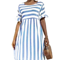 Leosoxs 2021 Summer New Fashion O Neck Women's Dress Casual Loose Solid Short Sleeve Ruffle Patchwork Pocket Ladies Stripe Dress