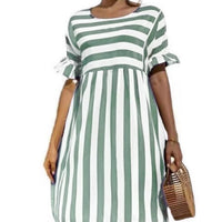 Leosoxs 2021 Summer New Fashion O Neck Women's Dress Casual Loose Solid Short Sleeve Ruffle Patchwork Pocket Ladies Stripe Dress