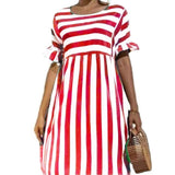 Leosoxs 2021 Summer New Fashion O Neck Women's Dress Casual Loose Solid Short Sleeve Ruffle Patchwork Pocket Ladies Stripe Dress