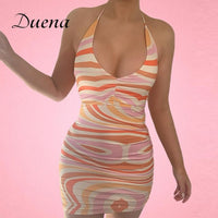 Duena Tie Dye Mini Bodycon Dress Club Wear Summer Ladies Clothes Women Print Backless Off Shoulder Brown Sheath Dress 2021
