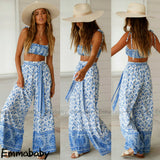 Two-Piece Suit Summer Women Boho Beach Style Print Underwear Loose Wide Leg Pants 2pcs Outfits Tracksuit Sets 2021