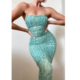 NewAsia Mesh Midi Dress Women Strapless Slim Fit Bodycon Ruched Party Dresses Summer Chic Geometric Print Sexy Dress 2020 New