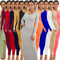 Colorful Long Sleeve O Neck Stretchy Long Dress 2021 Spring Autumn Women Solid Casual Elegant Robe Bodycon Maxi Dresses Vestidos