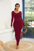 Colorful Long Sleeve O Neck Stretchy Long Dress 2021 Spring Autumn Women Solid Casual Elegant Robe Bodycon Maxi Dresses Vestidos