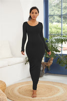 Colorful Long Sleeve O Neck Stretchy Long Dress 2021 Spring Autumn Women Solid Casual Elegant Robe Bodycon Maxi Dresses Vestidos
