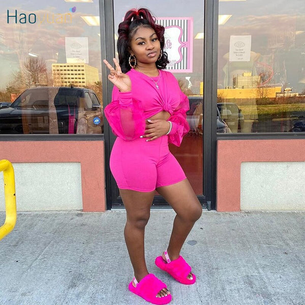 HAOYUAN Mesh Sheer Two Piece Summer Club Outfits Long Sleeve T Shirt Top Biker Shorts Women Tracksuit Sexy Party Matching Sets