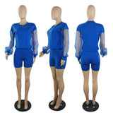 HAOYUAN Mesh Sheer Two Piece Summer Club Outfits Long Sleeve T Shirt Top Biker Shorts Women Tracksuit Sexy Party Matching Sets