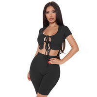 Sexy Knitted Two Piece Set Women Bandage Hollow Crop Top+Biker Shorts Joggers Women Tracksuit Streetwear Club Outfits