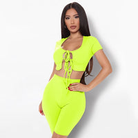 Sexy Knitted Two Piece Set Women Bandage Hollow Crop Top+Biker Shorts Joggers Women Tracksuit Streetwear Club Outfits