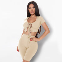 Sexy Knitted Two Piece Set Women Bandage Hollow Crop Top+Biker Shorts Joggers Women Tracksuit Streetwear Club Outfits